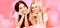 Gossip concept. Blonde and brunette on smiling faces have fun at domestic bedroom party. Sisters or best friends in