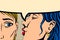 Gossip girl whispering in ear secrets. Comic book panel in pop art style. Rumor or word-of-mouth concept. Emotional