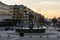 Gothenburg, Sweden - April 20, 2020:  View over iconic Poseidon statue in Gothenburg at sunset