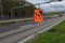 Gothenburg, Sweden - May 16 2021: Sign marking merging of laned before road works..