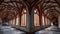 Gothic Architecture Showcased in Sunlit Corridor of Medieval Monastery