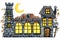 Gothic castle clipart, halloween horrible house and banquet hall. Hand drawn watercolor illustration isolated on white