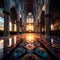 Gothic cathedral interior with stained glass windows and intricate details on columns and arches.