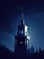 gothic church illuminated in the night sky its large bell tolling out a Christmas carol. Gothic art. AI generation