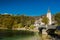 Gothic Church of St. John the Baptist and stone bridge in Ribcev Laz, lake Bohijn,Slovenia