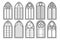Gothic church windows. Vector architecture arches with glass. Old castle and cathedral frames. Medieval stained interior