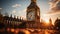 Gothic clock tower illuminates historic city skyline at twilight generated by AI