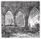 Gothic cloisters and arch at Kilconnel Abbey, in County Galway, Ireland. Old engraving