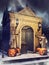 Gothic crypt with statues and Halloween pumpkins