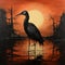 Gothic Dark Heron: Surrealistic Urban Painting At Sunset