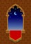 Gothic decorative window with red banner and starry night sky on