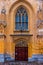 Gothic door of a complex of buildings Imperial stables. Peterhof. Russia.