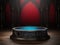 A gothic fountain in a dark room with red walls