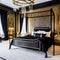 Gothic Glamour: A luxurious gothic-inspired bedroom with rich velvet drapes, a black canopy bed, and ornate black and gold furni
