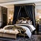 Gothic Glamour: A luxurious gothic-inspired bedroom with rich velvet drapes, a black canopy bed, and ornate black and gold furni