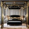 Gothic Glamour: A luxurious gothic-inspired bedroom with rich velvet drapes, a black canopy bed, and ornate black and gold furni