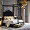 Gothic Glamour: A luxurious gothic-inspired bedroom with rich velvet drapes, a black canopy bed, and ornate black and gold furni