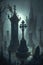 Gothic graveyard with tombstones and crosses. Halloween background.