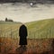 Gothic Illustration: A Pensive Monk Walking In A Field