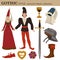 Gothic Medieval 14 century European old retro fashion style of man and woman clothes garments and personal accessories.