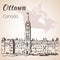 The Gothic Revival Parliament Buildings Ottawa and map.