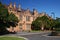 Gothic revival style facade of classic and historic Quadrangle with red sandstone at University of Sydney, Australia