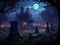 Gothic scene at cemetery on a moonlit Halloween night