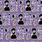 Gothic seamless pattern with fantasy dancing girl on purple background with skulls, rum, creepy house and cello. Vector