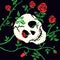 Gothic skull or cranium and rose on dark background. Floral black illustration with red climbing curly flower and thorn.