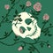 Gothic skull or cranium and rose dark background. Floral illustration with pink climbing curly flower and thorn.