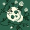 Gothic skull or cranium and rose dark background. Floral illustration with white climbing curly flower and thorn.