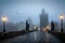 The gothic skyline of Prague, Czech Republic, on a cold winter morning with fog