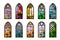 Gothic stained glass windows. Church medieval arches. Catholic cathedral mosaic frames. Old architecture design. Vector