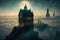 Gothic steampunk image of a castle above the clouds.