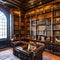 Gothic Steampunk Library: A gothic-inspired library with vintage leather-bound books, brass accents, and cogwheel decorations2,