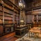 Gothic Steampunk Library: A gothic-inspired library with vintage leather-bound books, brass accents, and cogwheel decorations4,