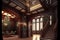 Gothic style mansion with victorian living room interior with wooden beams on the ceiling and glass windows