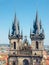 Gothic towers of Our Lady Church before Tyn closeup, Prague