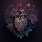 Gothic Valentine still life. AI generative, AI generated illustration. Anatomic heart with flowers on dark background. Pink,