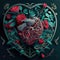 Gothic Valentine still life. AI generative, AI generated illustration. Anatomic heart with roses on dark background. Red and