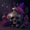 Gothic Valentine still life. AI generative, AI generated illustration. Metal skull with flowers on dark background. Pink, purple,