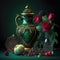 Gothic Valentine still life. AI generative, AI generated illustration. Ornate oriental mysterious jar with roses