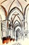 Gothic vaults of the catholic cathedral, graphic color pattern, travel sketch