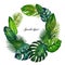 Gouache circle wreath with tropic leaves. Clipart for art work and weddind design