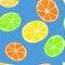 Gouache citrus seamless pattern. Hand painted fresh ripe summer green, orange and yellow lemon fruits on blue background. Oranges