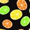 Gouache citrus seamless pattern. Hand painted fresh ripe summer lemon fruits on black background. Oranges, limes and lemons slices