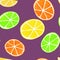 Gouache citrus seamless pattern. Hand painted fresh ripe summer lemon fruits on purple background. Oranges, limes and lemons