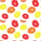 Gouache citrus seamless pattern. Hand painted fresh ripe summer red, orange and yellow lemon fruits on white background. Oranges,