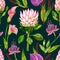 Gouache exotic floral seamless pattern with Protea, Calla, Anthurium and Fuchsia flower on a dark background