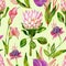 Gouache exotic floral seamless pattern with Protea, Calla, Anthurium and Fuchsia flower on a green background